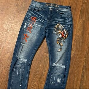 Rutherford 3D Arc Technology Embroidered Japanese Dragon Skinny Jeans size 30x33